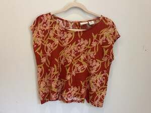 Rachel Zoe Red Yellow Tropical Floral Orchid 100% Linen Cap Sleeve Top Size M